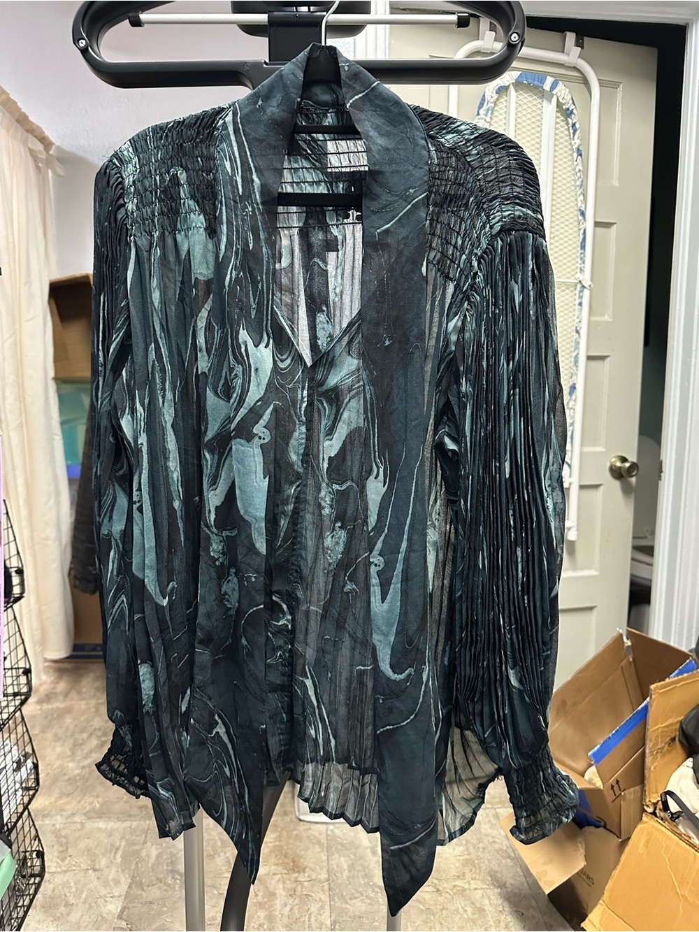 Banana Republic Black and Teal Marble Pleated Sheer Blouse